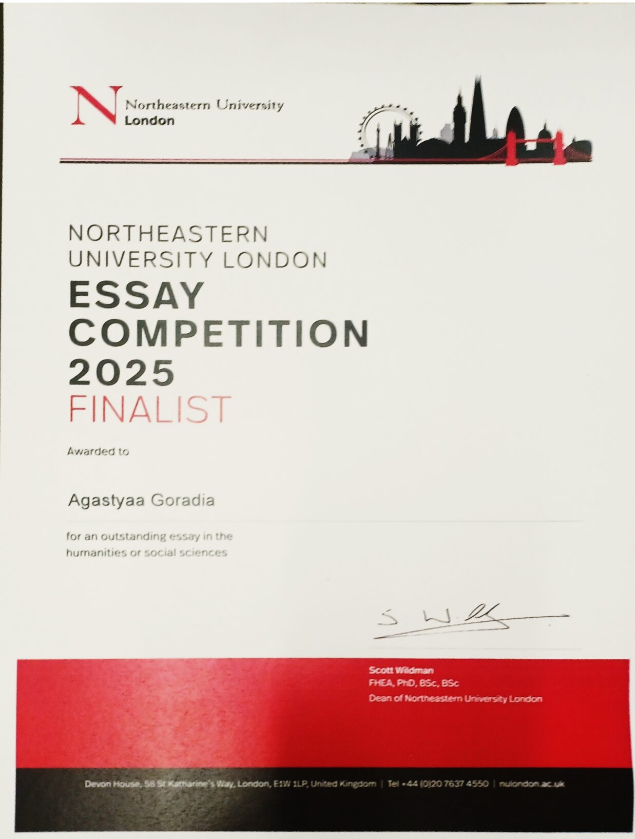 Royal Queens Academy Essay Competition Certificate