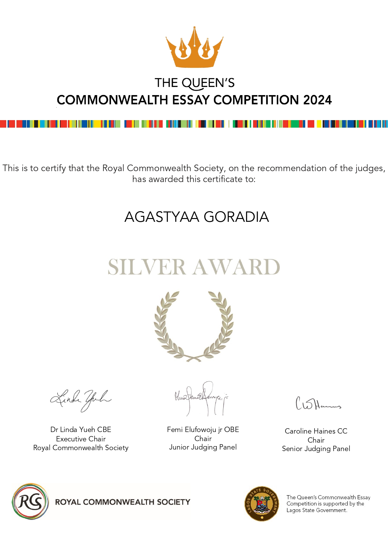 Royal Queens Academy Essay Competition Certificate